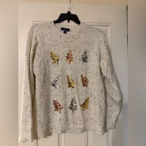 Karen Scott Women's Speckled Cream Sweater with Sequin Trees